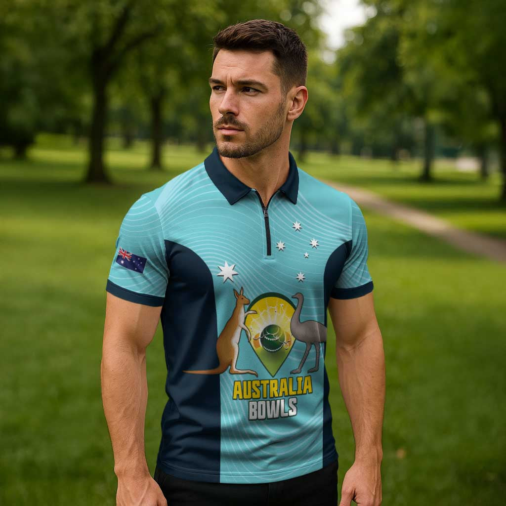 Custom Bowls Australia Zipper Polo Shirt Teal Color Curve Sporty - Aussie Hoodie