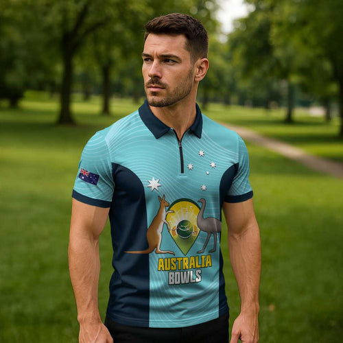 Custom Bowls Australia Zipper Polo Shirt Teal Color Curve Sporty - Aussie Hoodie