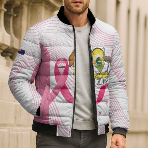 Custom Bowls Australia Breast Cancer Bomber Puffer Jacket Pink Ribbon Curve Sporty - Aussie Hoodie