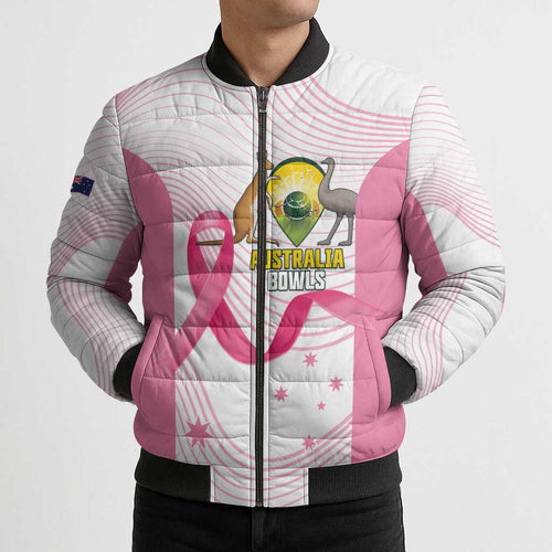 Custom Bowls Australia Breast Cancer Bomber Puffer Jacket Pink Ribbon Curve Sporty - Aussie Hoodie
