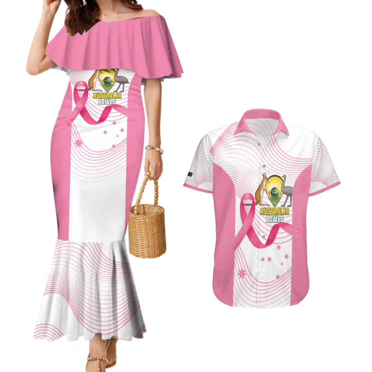 Custom Bowls Australia Breast Cancer Couples Matching Mermaid Dress and Hawaiian Shirt Pink Ribbon Curve Sporty - Aussie Hoodie