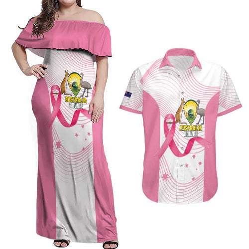 Custom Bowls Australia Breast Cancer Couples Matching Off Shoulder Maxi Dress and Hawaiian Shirt Pink Ribbon Curve Sporty - Aussie Hoodie