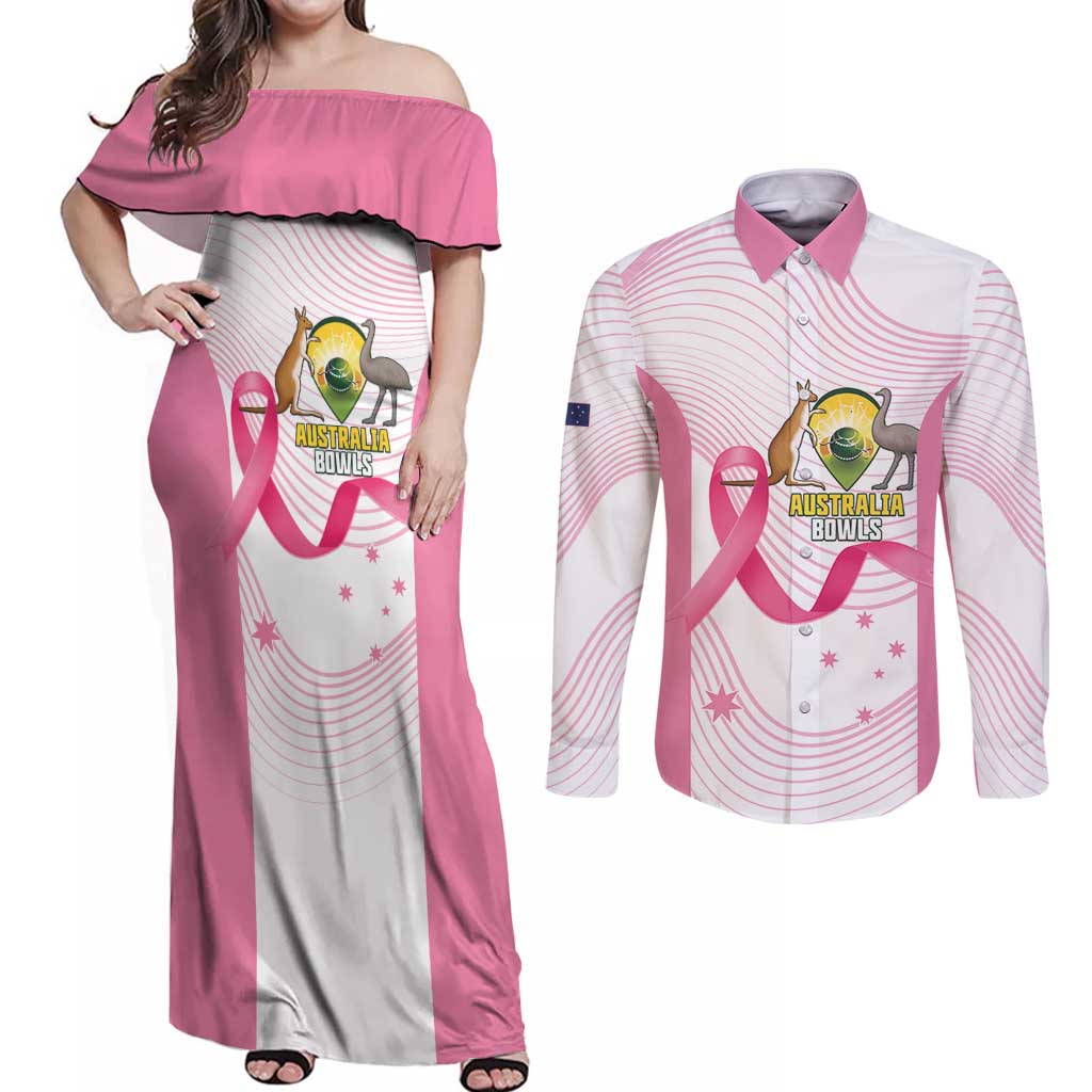 Custom Bowls Australia Breast Cancer Couples Matching Off Shoulder Maxi Dress and Long Sleeve Button Shirt Pink Ribbon Curve Sporty - Aussie Hoodie