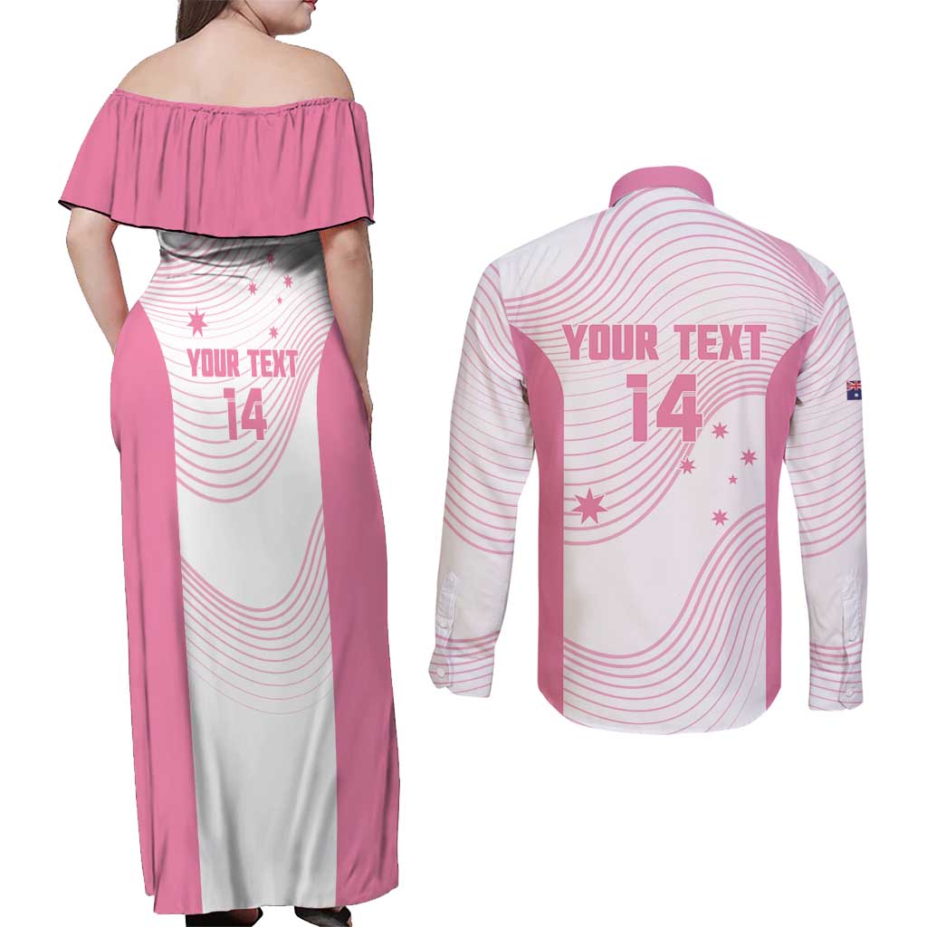 Custom Bowls Australia Breast Cancer Couples Matching Off Shoulder Maxi Dress and Long Sleeve Button Shirt Pink Ribbon Curve Sporty - Aussie Hoodie