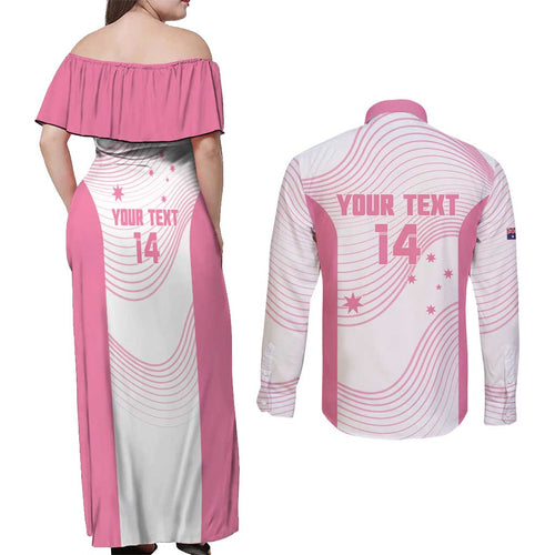 Custom Bowls Australia Breast Cancer Couples Matching Off Shoulder Maxi Dress and Long Sleeve Button Shirt Pink Ribbon Curve Sporty - Aussie Hoodie
