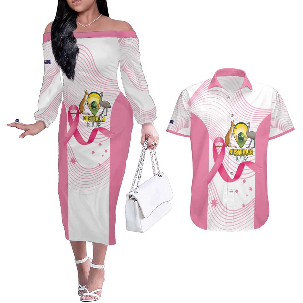 Custom Bowls Australia Breast Cancer Couples Matching Off The Shoulder Long Sleeve Dress and Hawaiian Shirt Pink Ribbon Curve Sporty - Aussie Hoodie