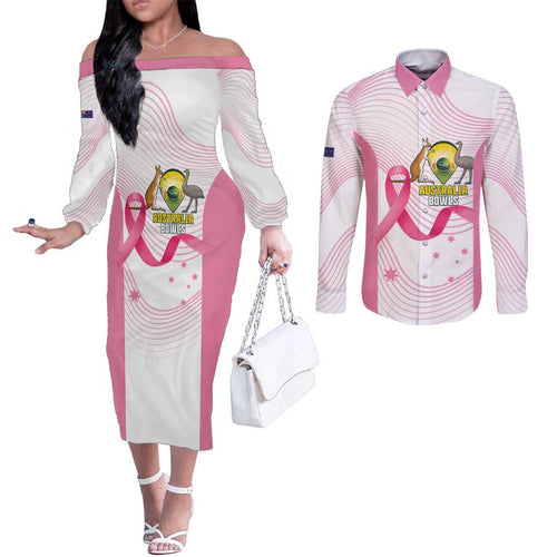Custom Bowls Australia Breast Cancer Couples Matching Off The Shoulder Long Sleeve Dress and Long Sleeve Button Shirt Pink Ribbon Curve Sporty - Aussie Hoodie