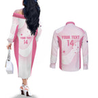 Custom Bowls Australia Breast Cancer Couples Matching Off The Shoulder Long Sleeve Dress and Long Sleeve Button Shirt Pink Ribbon Curve Sporty - Aussie Hoodie