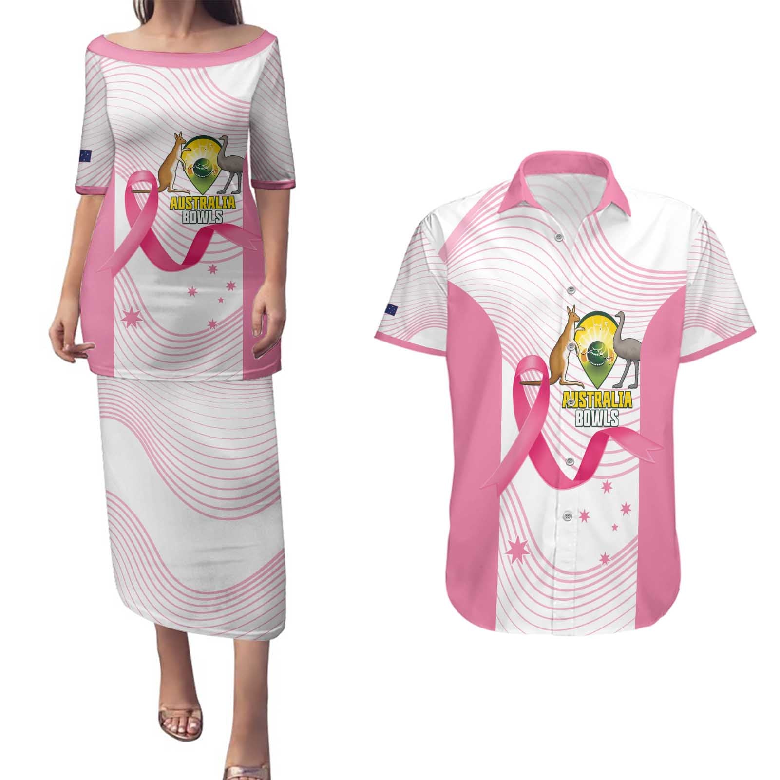 Custom Bowls Australia Breast Cancer Couples Matching Puletasi and Hawaiian Shirt Pink Ribbon Curve Sporty - Aussie Hoodie