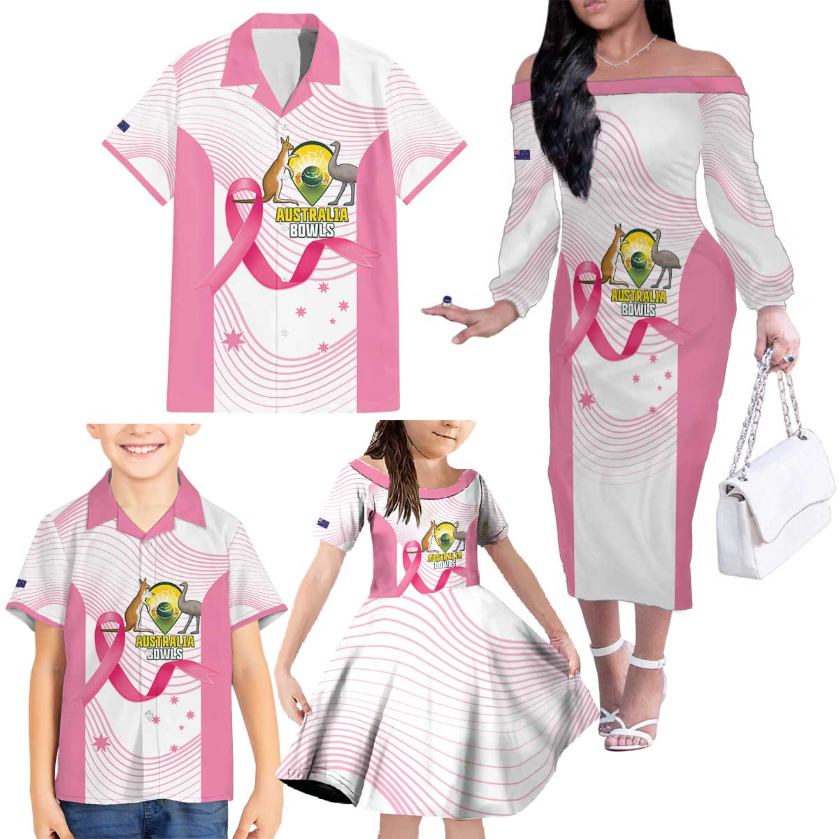 Custom Bowls Australia Breast Cancer Family Matching Off The Shoulder Long Sleeve Dress and Hawaiian Shirt Pink Ribbon Curve Sporty - Aussie Hoodie