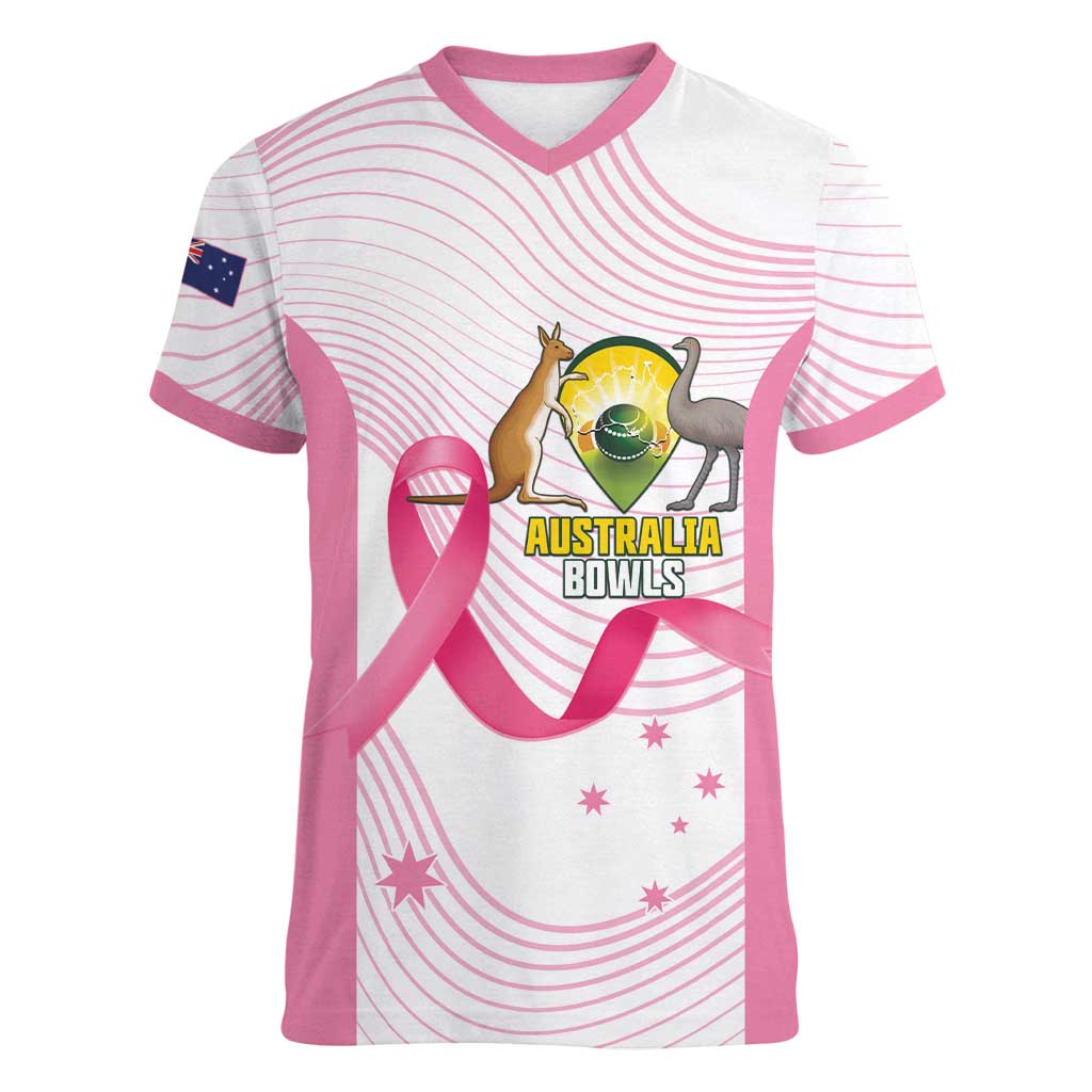 Custom Bowls Australia Breast Cancer Women V-Neck T-Shirt Pink Ribbon Curve Sporty - Aussie Hoodie