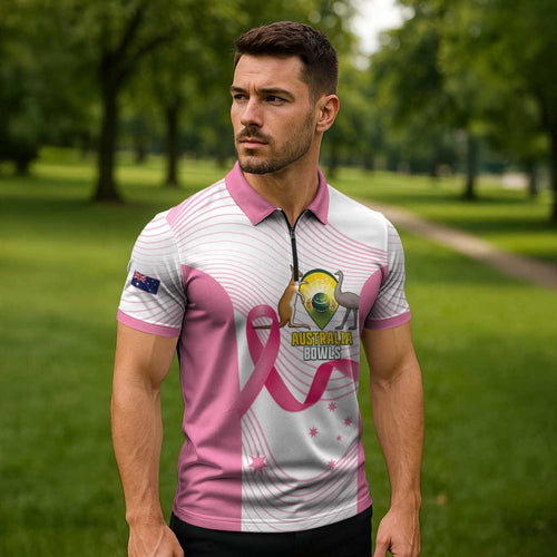 Custom Bowls Australia Breast Cancer Zipper Polo Shirt Pink Ribbon Curve Sporty - Aussie Hoodie