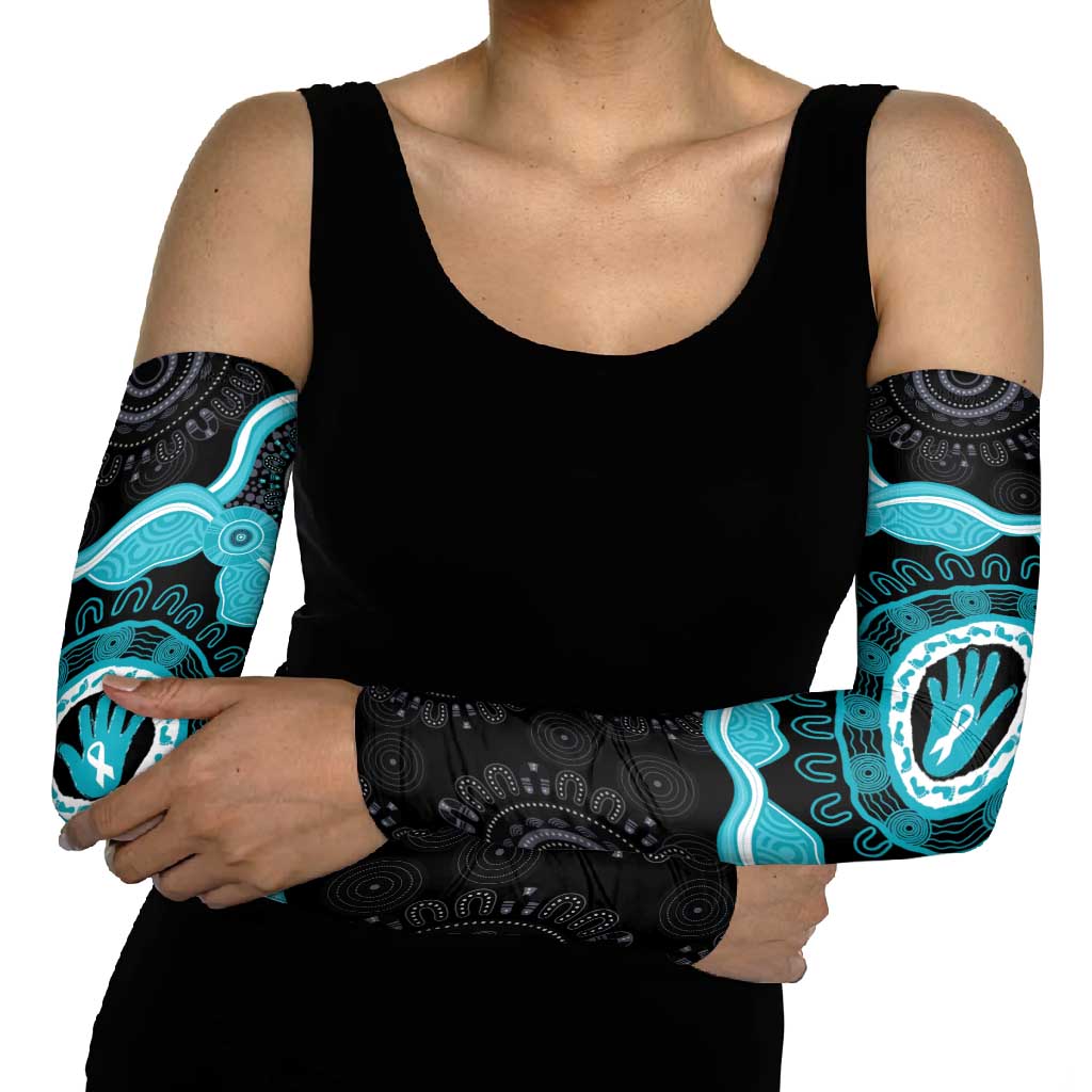 Australia Ovarian Cancer Awareness Arm Sleeves Brave Strong Teal Ribbon Aboriginal Art - Aussie Hoodie