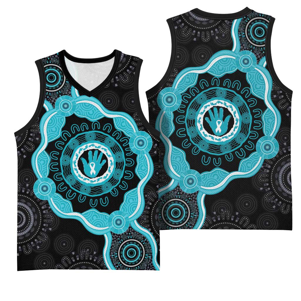 Australia Ovarian Cancer Awareness Basketball Jersey Brave Strong Teal Ribbon Aboriginal Art - Aussie Hoodie