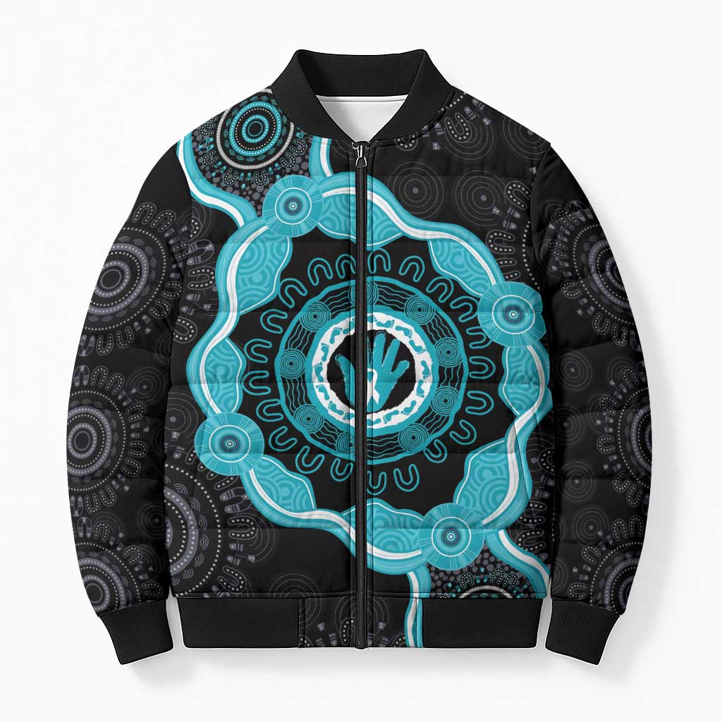 Australia Ovarian Cancer Awareness Bomber Puffer Jacket Brave Strong Teal Ribbon Aboriginal Art - Aussie Hoodie