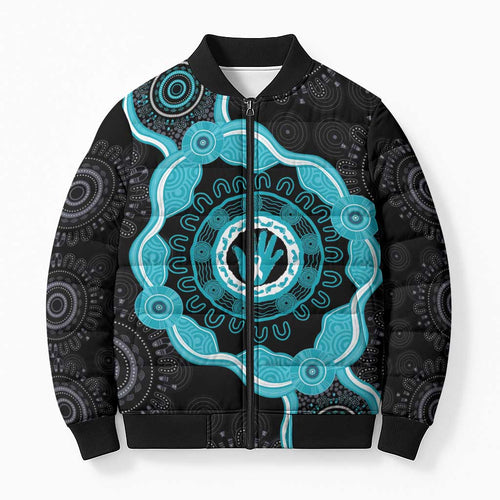 Australia Ovarian Cancer Awareness Bomber Puffer Jacket Brave Strong Teal Ribbon Aboriginal Art - Aussie Hoodie
