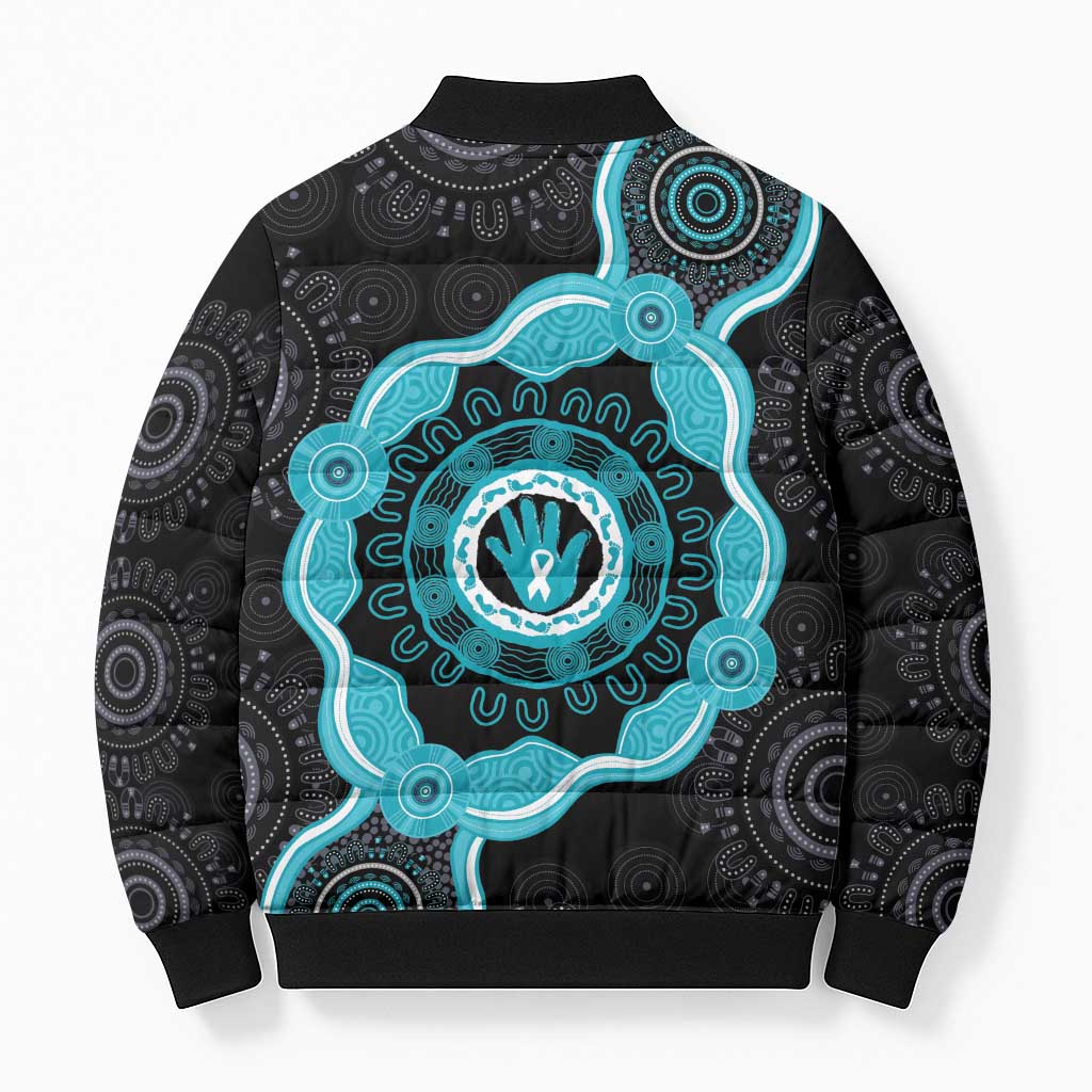 Australia Ovarian Cancer Awareness Bomber Puffer Jacket Brave Strong Teal Ribbon Aboriginal Art - Aussie Hoodie