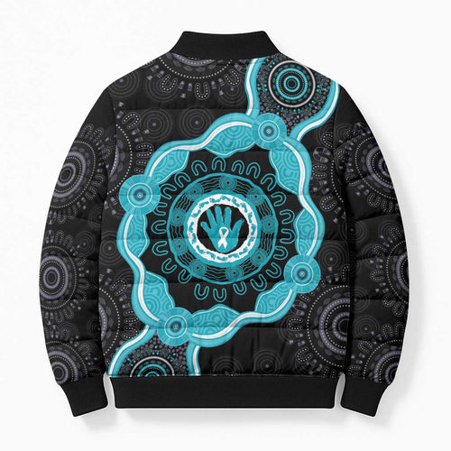 Australia Ovarian Cancer Awareness Bomber Puffer Jacket Brave Strong Teal Ribbon Aboriginal Art - Aussie Hoodie