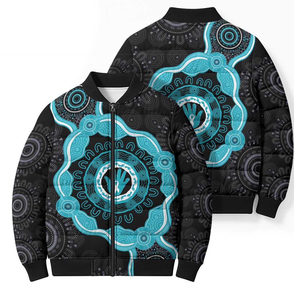 Australia Ovarian Cancer Awareness Bomber Puffer Jacket Brave Strong Teal Ribbon Aboriginal Art - Aussie Hoodie