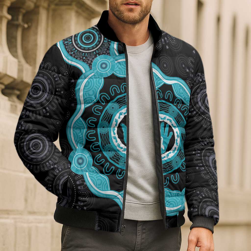 Australia Ovarian Cancer Awareness Bomber Puffer Jacket Brave Strong Teal Ribbon Aboriginal Art - Aussie Hoodie