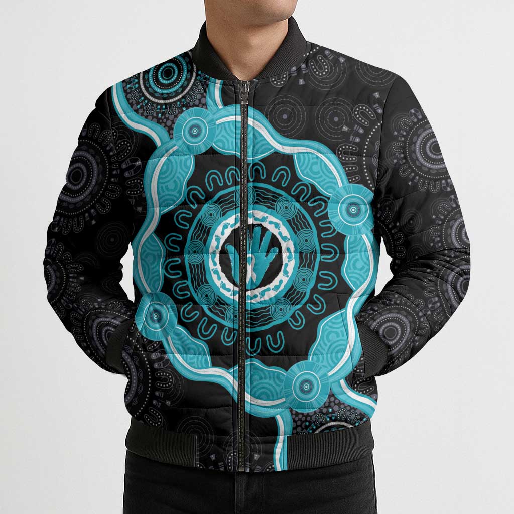 Australia Ovarian Cancer Awareness Bomber Puffer Jacket Brave Strong Teal Ribbon Aboriginal Art - Aussie Hoodie