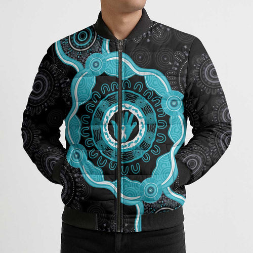 Australia Ovarian Cancer Awareness Bomber Puffer Jacket Brave Strong Teal Ribbon Aboriginal Art - Aussie Hoodie