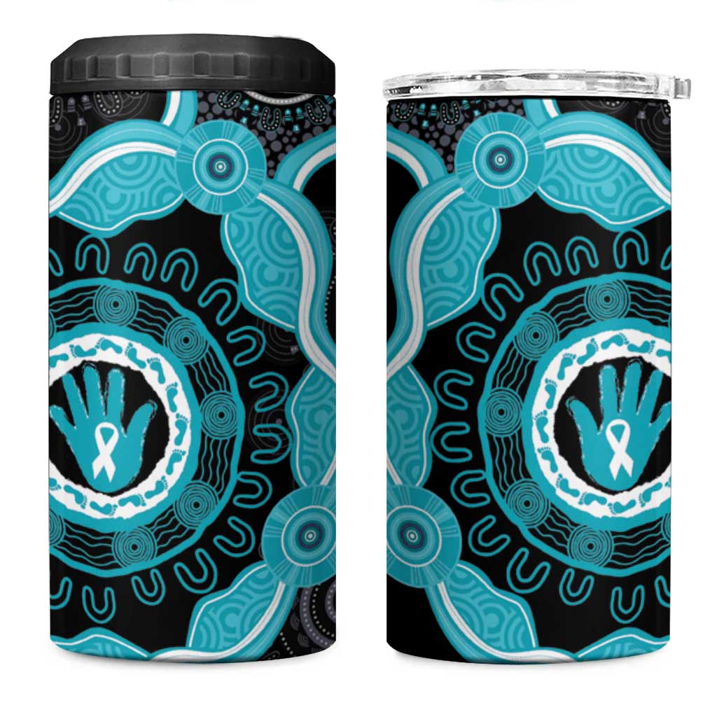 Australia Ovarian Cancer Awareness 4 in 1 Can Cooler Tumbler Brave Strong Teal Ribbon Aboriginal Art - Aussie Hoodie