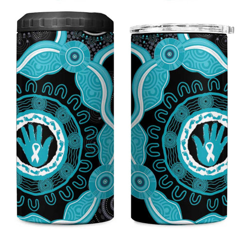 Australia Ovarian Cancer Awareness 4 in 1 Can Cooler Tumbler Brave Strong Teal Ribbon Aboriginal Art - Aussie Hoodie