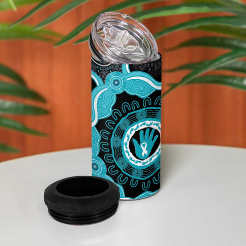 Australia Ovarian Cancer Awareness 4 in 1 Can Cooler Tumbler Brave Strong Teal Ribbon Aboriginal Art - Aussie Hoodie