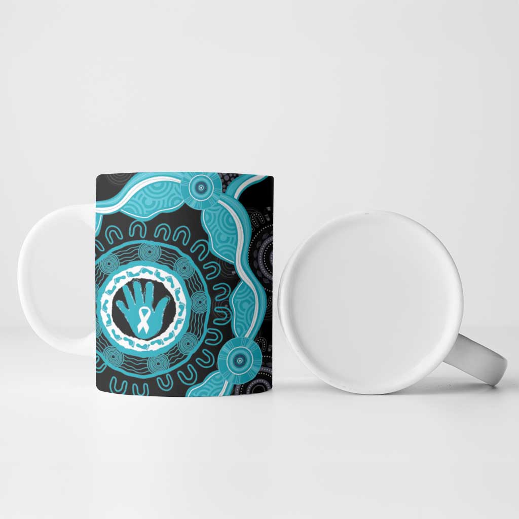Australia Ovarian Cancer Awareness Ceramic Mug Brave Strong Teal Ribbon Aboriginal Art - Aussie Hoodie