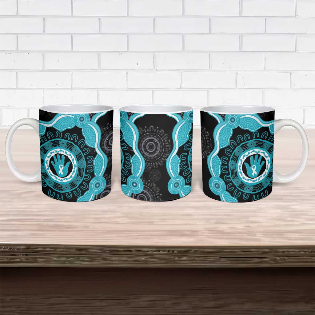 Australia Ovarian Cancer Awareness Ceramic Mug Brave Strong Teal Ribbon Aboriginal Art - Aussie Hoodie