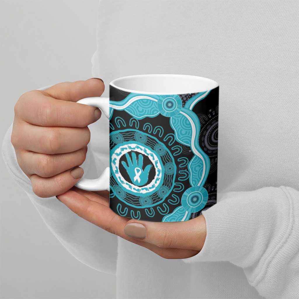 Australia Ovarian Cancer Awareness Ceramic Mug Brave Strong Teal Ribbon Aboriginal Art - Aussie Hoodie