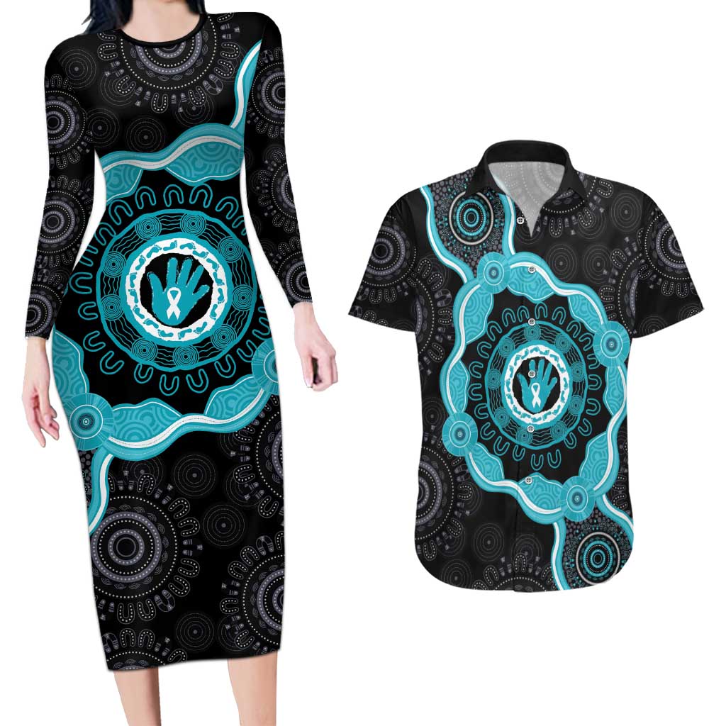 Australia Ovarian Cancer Awareness Couples Matching Long Sleeve Bodycon Dress and Hawaiian Shirt Brave Strong Teal Ribbon Aboriginal Art - Aussie Hoodie