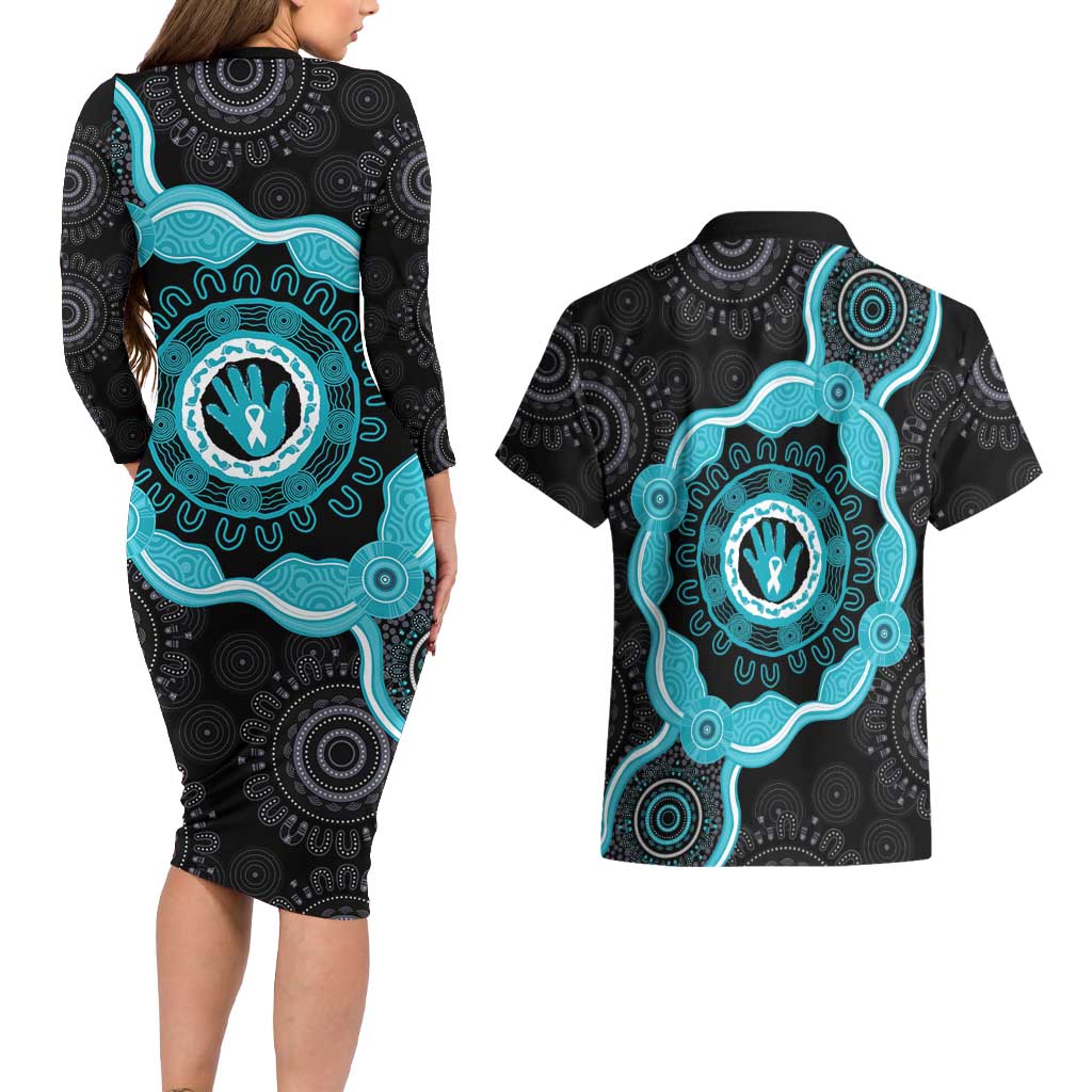 Australia Ovarian Cancer Awareness Couples Matching Long Sleeve Bodycon Dress and Hawaiian Shirt Brave Strong Teal Ribbon Aboriginal Art - Aussie Hoodie