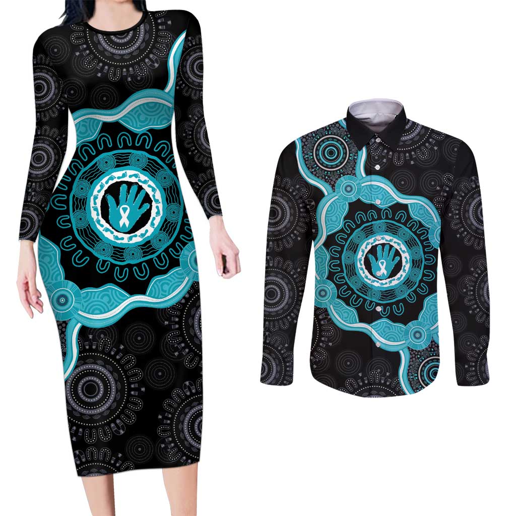 Australia Ovarian Cancer Awareness Couples Matching Long Sleeve Bodycon Dress and Long Sleeve Button Shirt Brave Strong Teal Ribbon Aboriginal Art - Aussie Hoodie
