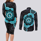 Australia Ovarian Cancer Awareness Couples Matching Long Sleeve Bodycon Dress and Long Sleeve Button Shirt Brave Strong Teal Ribbon Aboriginal Art - Aussie Hoodie