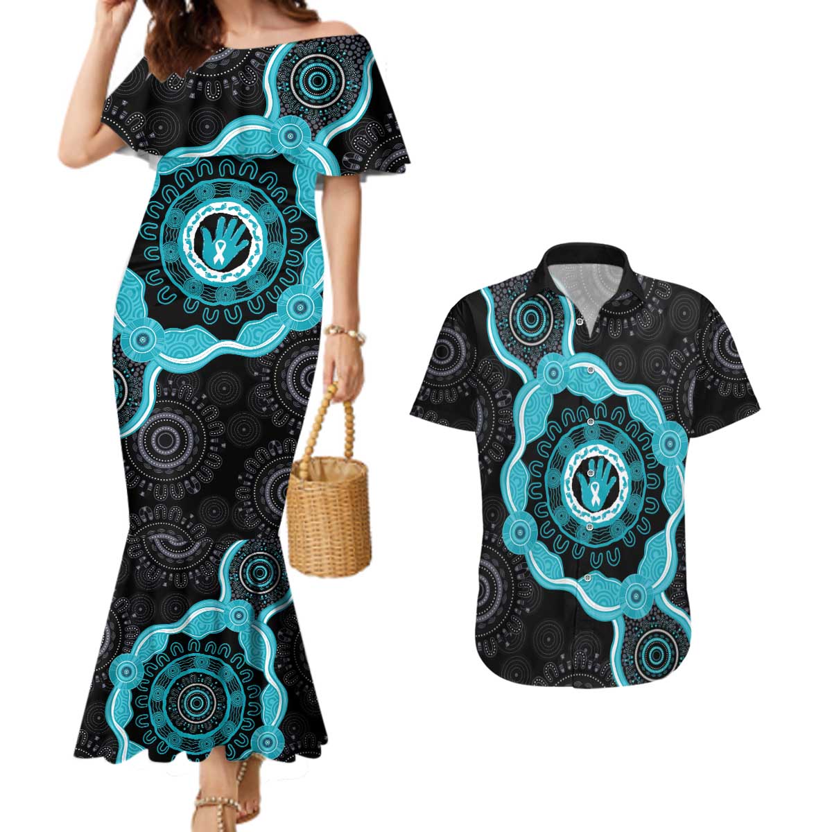 Australia Ovarian Cancer Awareness Couples Matching Mermaid Dress and Hawaiian Shirt Brave Strong Teal Ribbon Aboriginal Art - Aussie Hoodie
