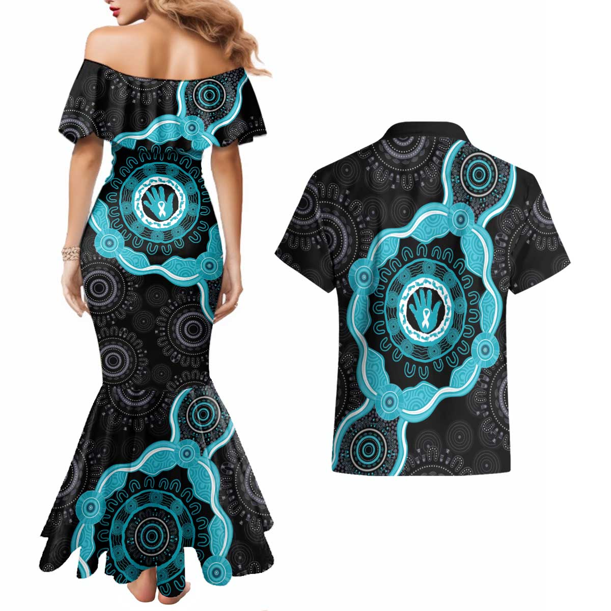 Australia Ovarian Cancer Awareness Couples Matching Mermaid Dress and Hawaiian Shirt Brave Strong Teal Ribbon Aboriginal Art - Aussie Hoodie