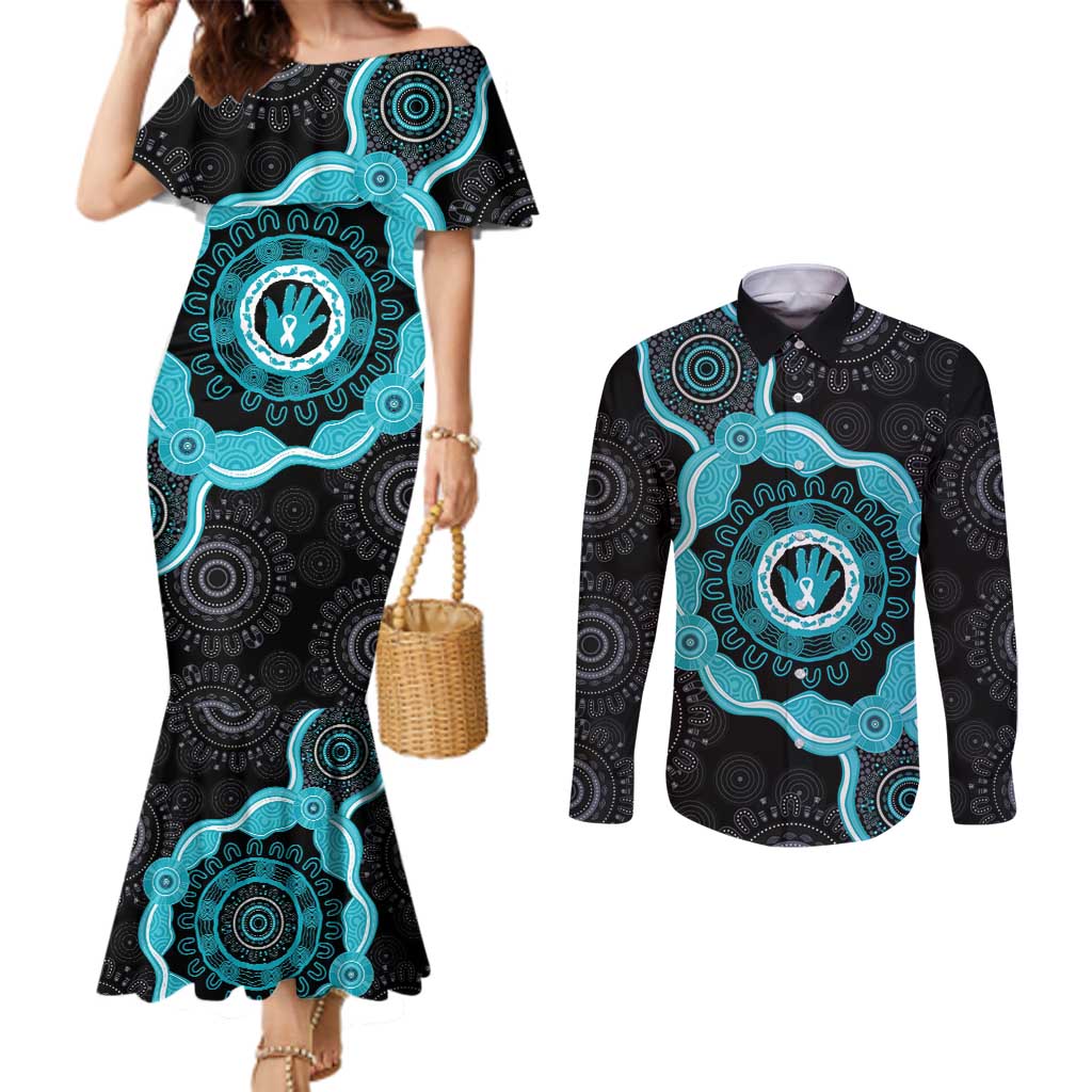 Australia Ovarian Cancer Awareness Couples Matching Mermaid Dress and Long Sleeve Button Shirt Brave Strong Teal Ribbon Aboriginal Art - Aussie Hoodie