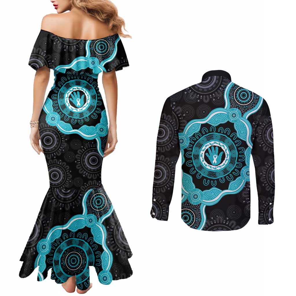 Australia Ovarian Cancer Awareness Couples Matching Mermaid Dress and Long Sleeve Button Shirt Brave Strong Teal Ribbon Aboriginal Art - Aussie Hoodie