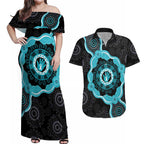 Australia Ovarian Cancer Awareness Couples Matching Off Shoulder Maxi Dress and Hawaiian Shirt Brave Strong Teal Ribbon Aboriginal Art - Aussie Hoodie