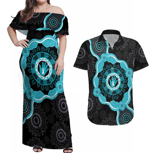 Australia Ovarian Cancer Awareness Couples Matching Off Shoulder Maxi Dress and Hawaiian Shirt Brave Strong Teal Ribbon Aboriginal Art - Aussie Hoodie