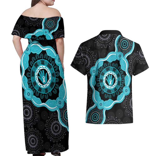 Australia Ovarian Cancer Awareness Couples Matching Off Shoulder Maxi Dress and Hawaiian Shirt Brave Strong Teal Ribbon Aboriginal Art - Aussie Hoodie