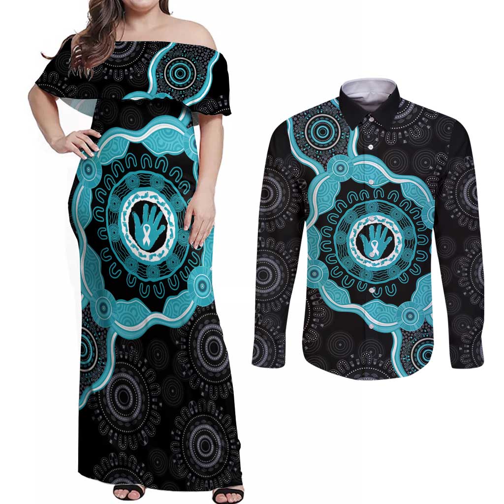 Australia Ovarian Cancer Awareness Couples Matching Off Shoulder Maxi Dress and Long Sleeve Button Shirt Brave Strong Teal Ribbon Aboriginal Art - Aussie Hoodie