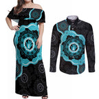 Australia Ovarian Cancer Awareness Couples Matching Off Shoulder Maxi Dress and Long Sleeve Button Shirt Brave Strong Teal Ribbon Aboriginal Art - Aussie Hoodie