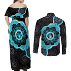 Australia Ovarian Cancer Awareness Couples Matching Off Shoulder Maxi Dress and Long Sleeve Button Shirt Brave Strong Teal Ribbon Aboriginal Art - Aussie Hoodie