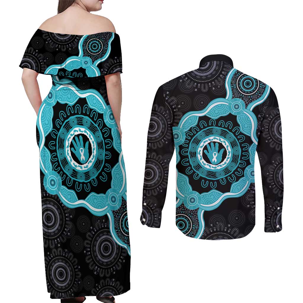 Australia Ovarian Cancer Awareness Couples Matching Off Shoulder Maxi Dress and Long Sleeve Button Shirt Brave Strong Teal Ribbon Aboriginal Art - Aussie Hoodie