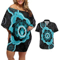 Australia Ovarian Cancer Awareness Couples Matching Off Shoulder Short Dress and Hawaiian Shirt Brave Strong Teal Ribbon Aboriginal Art - Aussie Hoodie