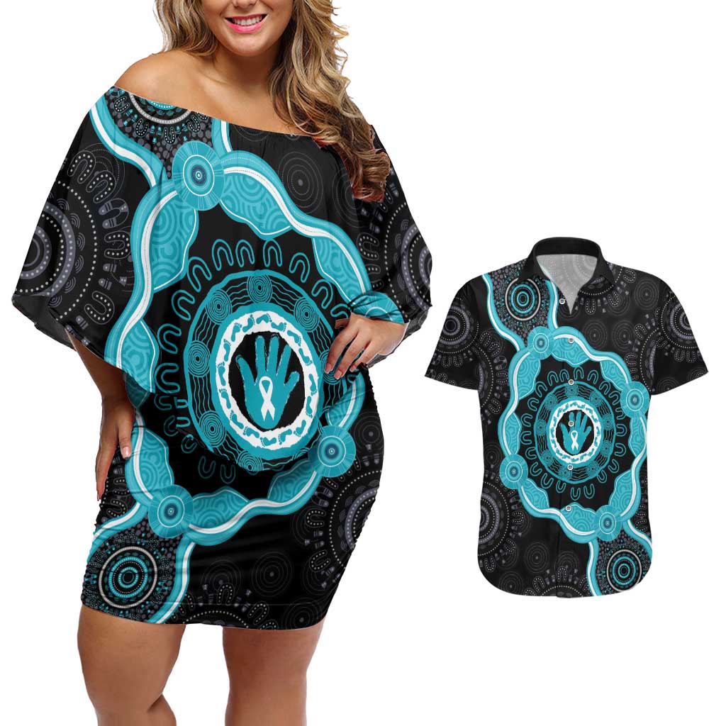 Australia Ovarian Cancer Awareness Couples Matching Off Shoulder Short Dress and Hawaiian Shirt Brave Strong Teal Ribbon Aboriginal Art - Aussie Hoodie