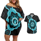 Australia Ovarian Cancer Awareness Couples Matching Off Shoulder Short Dress and Hawaiian Shirt Brave Strong Teal Ribbon Aboriginal Art - Aussie Hoodie
